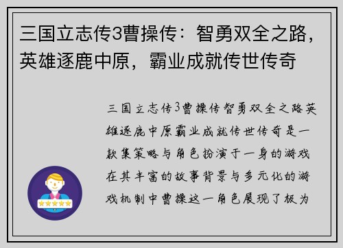 三国立志传3曹操传：智勇双全之路，英雄逐鹿中原，霸业成就传世传奇